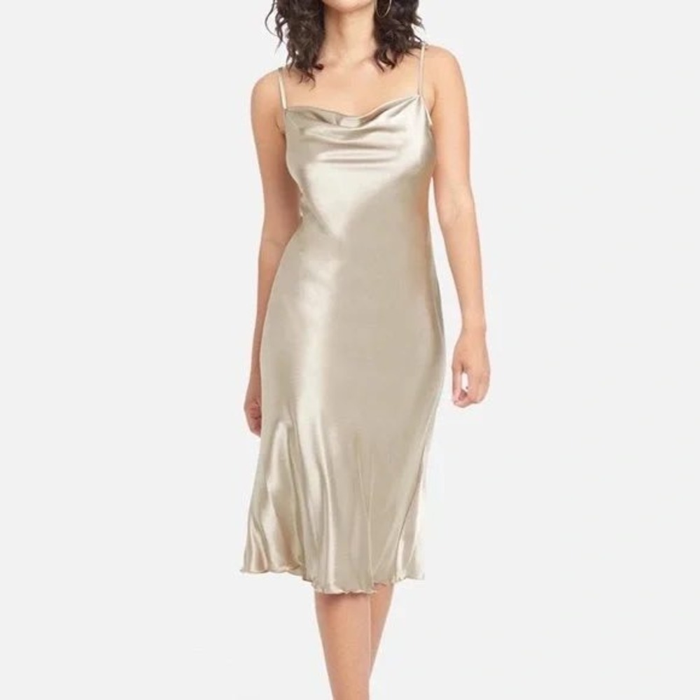 Bebe Satin Cowl Neck Midi Slip Dress L Champagne Platinum Luxe Glam Wedding